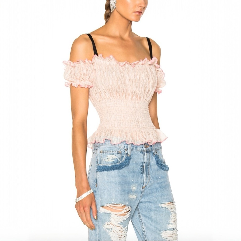 SANDY LIANG Ibiza Smocked Cropped Lacey Top Cottagecore‎ Milkmaid